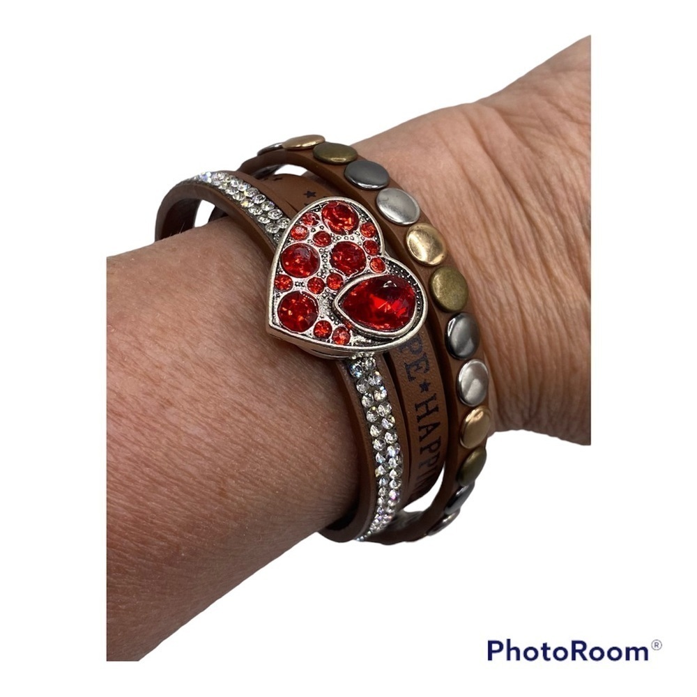 Love, Hope, Happiness Leather Criss Cross Bracelet & 18mm Jeweled Heart Snap NWT